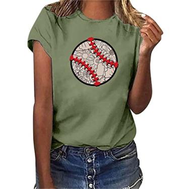 Imagem de Camiseta feminina de beisebol PKDong estampada, manga curta, gola redonda, blusa para sair para mulheres, beisebol, mamãe, Verde, M