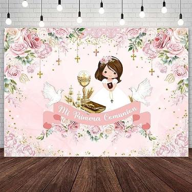 Imagem de AIBIIN Pano de fundo de batismo de 2,1 x 1,5 m para meninas Mi Primera Comunion Decorações de festa God Bless First Holy Communion Christening Mi Bautizo Pink Floral Party Banner Photo Props