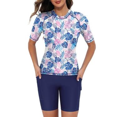 Imagem de Tournesol Camiseta feminina de duas peças Rash Guard manga curta FPS 50+ sutiã embutido com shorts com bolsos, Azul marinho e flor rosa, 3G