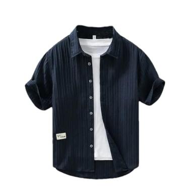 Imagem de Camisa masculina de verão manga curta fina seda gelada não prensada a ferro enrugada casual cardigã solto forrado, Azul royal, M