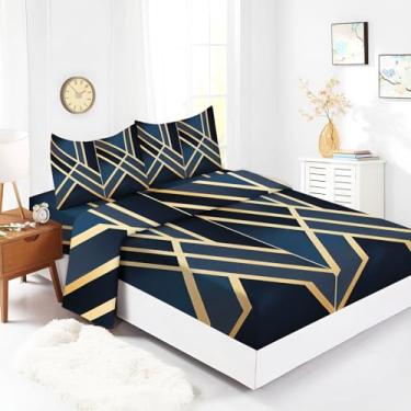 Imagem de Bhoyctn Conjunto de lençóis King Size geométricos, azul escuro e dourado, ultrafino, 100% microfibra - Jogo de lençol de cama confortável respirável com bolso profundo de 40,6 cm - 4 peças