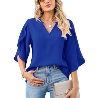 Imagem de LUYAA Blusa feminina casual de chiffon, blusa 3/4 com babados, gola em V, blusas folgadas, Azul royal, G