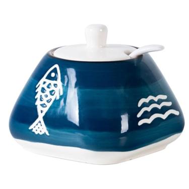Imagem de KKGUD Lindo açucareiro pintado à mão, pote de tempero, pote de condimento de cerâmica para decoração de cozinha de restaurante - padrão de peixe, 300 ml