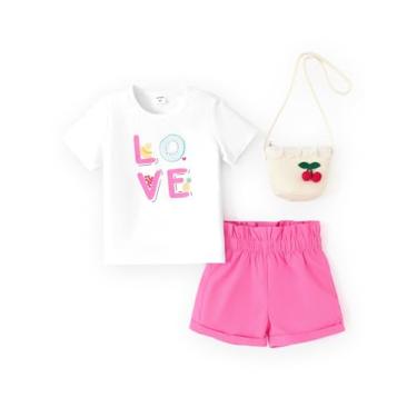 Imagem de PATPAT Conjunto de 3 peças para meninas, camiseta de manga curta e shorts de cor lisa com bolsa de palha de tecido, roupas de verão, Rosa adorável, 2 Anos