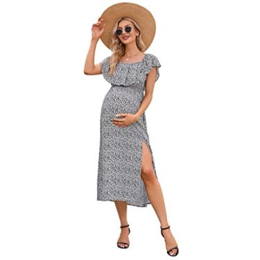Imagem de Vestido de maternidade feminino, tomara que caia, tomara que caia, evasê, casual, maxi vestido fotográfico para chá de bebê, Branco-preto floral, M