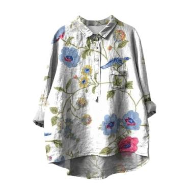 Imagem de Camiseta feminina de linho, gola lapela, botão, manga comprida, blusas elegantes estampadas com flores, blusas soltas, casuais, Branco, 3G