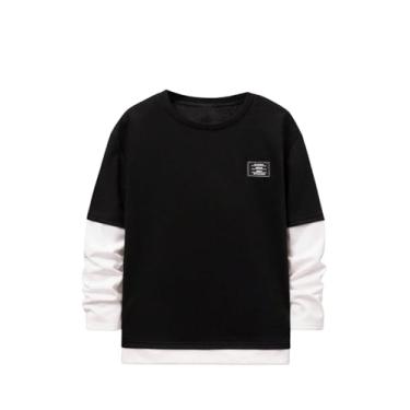 Imagem de Verdusa Camiseta masculina 2 em 1 Color Block Top Letter Patchwork gola redonda manga longa, Preto e branco, 14 Anos