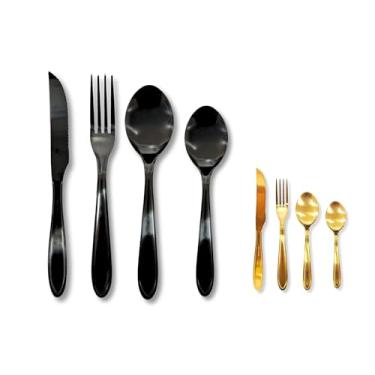 Imagem de Kit Faqueiro Talher De 24 Peças Inox Dourado E Preto Luxuoso Mesa Posta Colher Garfo Faca Premium Presente Casamento Enxoval Utensílio Cozinha Restaurante Buffet (BLACK)