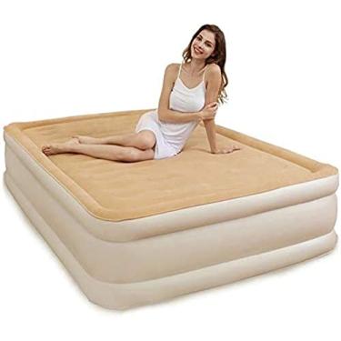 Imagem de Cama de ar macia para acampamento, camas infláveis ​​com bomba elétrica embutida, colchão de ar portátil duplo opcional para pausa para almoço, sono bege, 203 × 152 × 45 cm
