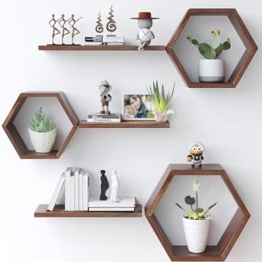Imagem de Prateleiras flutuantes hexagonais de madeira montadas na parede, conjunto de 6 prateleiras hexagonais de pinheiro para fotos, plantas, prateleiras rústicas de favo de mel para sala de estar, quarto,