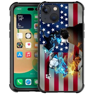 Imagem de DJSOK Capa compatível com iPhone 13, design padrão de bandeira americana de futebol gelo e fogo, capa para iPhone 13, para canto antiqueda e presente à prova de choque para homens e mulheres