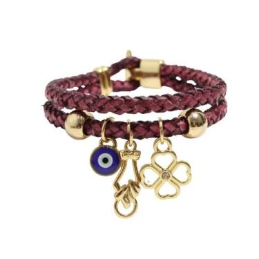 Imagem de Pulseira de Couro Berloques Vinho Feminina Olho grego Figa Trevo da So