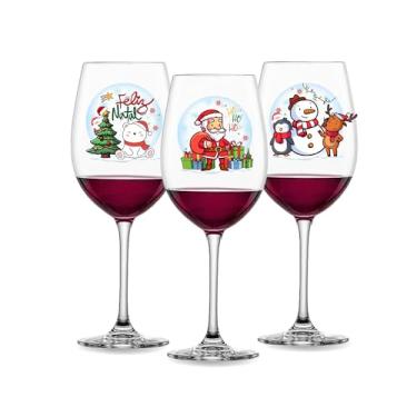 Imagem de Kit 3 Taças De Vinho 465ml Vidro Personalizada Especial Feliz Natal Mesa Posta Decorativa Estampada Neve Árvore Fim De Ano