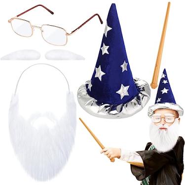 Imagem de Yahenda 4 Pcs Magic Wizard Witch Costume Accessories Wizard Hat, Glasses, Beard and Wand Wizard Halloween Costume Accessories for Adult Kids Halloween Cosplay Pretend Play and Party Dress