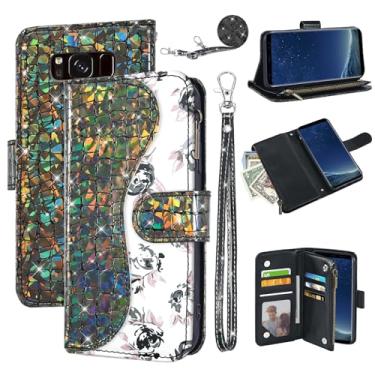 Imagem de Dibosom Capa carteira floral para Samsung Galaxy S8 Plus com alça de pulso alça de ombro flip zíper bolsa porta-cartões, suporte brilhante para celular S8plus S 8 8plus 8S Edge S8+ SM-G955U preta