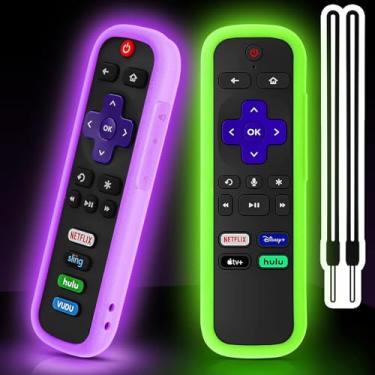 Imagem de Pacote com 2 capas remotas para Roku, capa de bateria para controle remoto TCL Roku Smart TV, capa de silicone para controle remoto Roku Universal protetor protetor protetor de pele que brilha no escuro verde roxo
