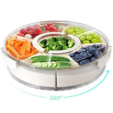 Imagem de Bandeja de servir giratória dividida com tampa e alça, caixa de lanches portátil para frutas e lanches, charcutaria vegetariana, organizador transparente Lazy Susan e recipiente de armazenamento de