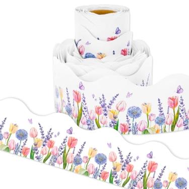 Imagem de AnyDesign Bordas de boletins florais de 1,8 m em aquarela primavera tulipa borda decorativa colorida para quadro negro escolar, sala de aula, artesanato, 1 rolo
