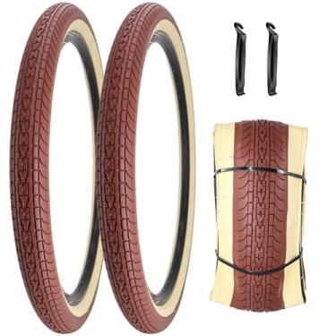 Imagem de SIMEIQI Pneu de bicicleta Beach Cruiser de 66 x 6,9 cm, preto, branco, parede ou marrom, creme para parede, dobrável, pneu de substituição para Hybrid City Commuter Trail (marrom creme, 2 pneus, 2