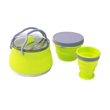 Imagem de Esquirla Chaleira de acampamento dobrável, chaleira de chá de silicone portátil para acampamento, panela de viagem com tigela e copo para caminhadas, mochilão, Verde