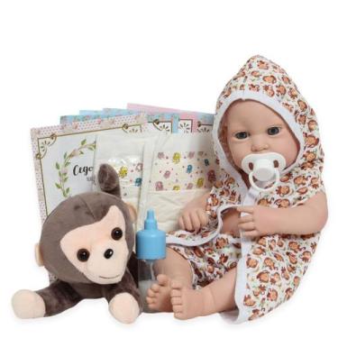 Imagem de Boneco Reborn Menino 100% Vinil Roupão Macaquinho Pelúcia - Cegonha Re