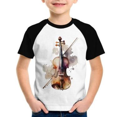 Imagem de Camiseta Raglan Infantil Violino - Foca na Moda, Branco, Preto, 4