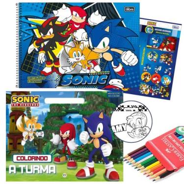 Imagem de Kit Escolar Sonic com Caderno Desenho Capa Dura Livro para Colorir Ade