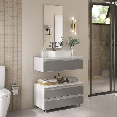 Imagem de Conjunto De Gabinete Banheiro Creta 80cm (gabinete+cuba+espelheira) Branco Cinza