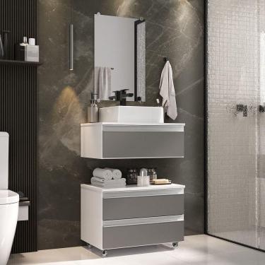 Imagem de Conjunto Gabinete Banheiro Creta 60cm (gabinete+espelheira+cuba) Branco Cinza