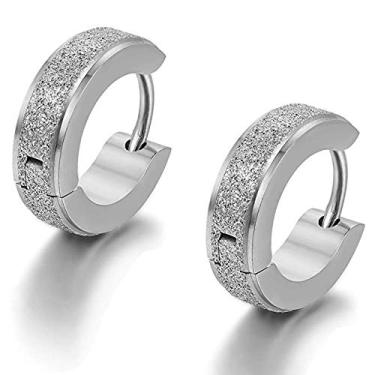 Imagem de Brincos masculinos clássicos de aço inoxidável com argola fosca, brincos de argola articulada para presente de Dia dos Namorados de Natal. Brincos de argola com borda polida e acabamento de argola para homens e mulheres Prata