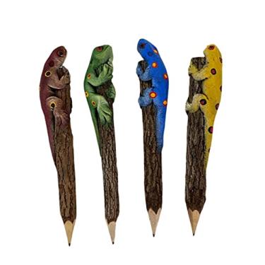 Imagem de ablossom, Lápis de madeira lagartixa de 4 cores conjunto de estatuetas de escultura de serragem de animais decorações de lápis exclusivos suprimentos de festa presentes para crianças na sala de aula