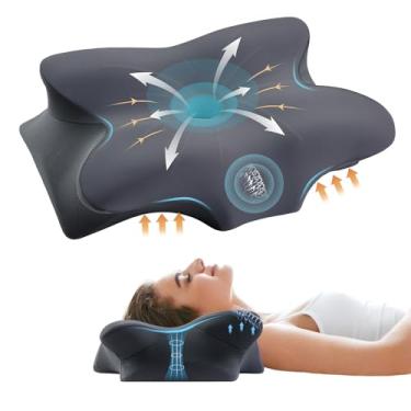 Imagem de Travesseiro cervical para pescoço e ombro, almofadas ergonômicas de espuma viscoelástica para dormir, travesseiro de suporte de pescoço refrescante para dormir de barriga nas costas, tamanho Queen