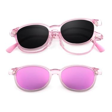 Imagem de EYEBUDDY Óculos de sol com clipe magnético infantil, óculos de sol polarizados UV para meninos e meninas (1 armação + 2 suportes de lentes magnéticas), Armação rosa, 123/127/130 millimeters