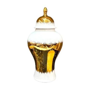 Imagem de XLWLLNJ Vaso de porcelana branco e dourado jarra de gengibre multifuncional com tampa ornamento de mesa para festa, decoração de sala de jantar elegante, S
