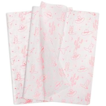 Imagem de Hi Sasara 60 folhas de papel de seda rosa ocidental em massa, 14 x 20 polegadas, chapéu de cowboy e botas de cowboy, papel de seda para sacolas de presente, papel de seda branco para anivers