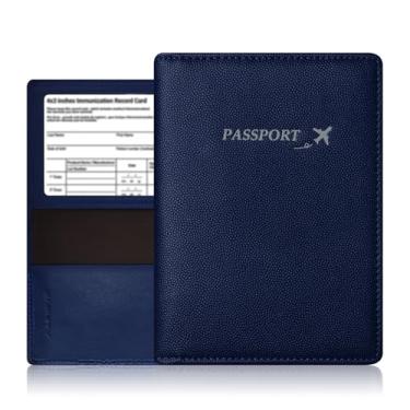 Imagem de Capa de couro genuíno para passaporte, carteira para mulheres e homens, capa ultrafina para passaporte com compartimento para cartão de vacina, suporte de passaporte com bloqueio de RFID, H - azul,
