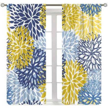 Imagem de Cortinas florais amarelas azuis, flores de dália, boho, tratamentos de janela para sala de estar, quarto, cozinha, padrão floral mandala, 2 conjuntos de painéis, decoração de 106 x 113 cm