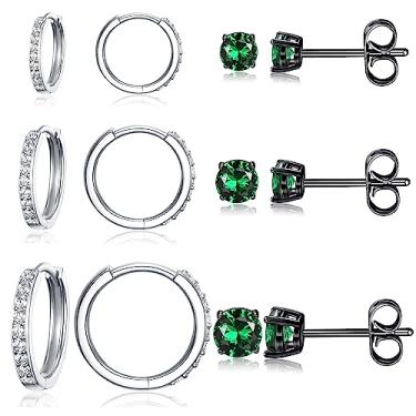 Imagem de Conjunto de 6 pares de brincos multipack para mulheres e homens, 8/10/12 mm CZ pequenos brincos de argola banhados a ouro branco 14K, minúsculos brincos de cristal redondos de 3/4/5 mm, banhado a ouro