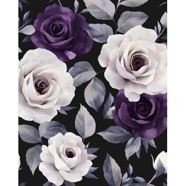 Imagem de Papel de parede preto foral descasque e cole papel de contato roxo escuro e rosa branca, papel de parede de flores removível autoadesivo vintage para quarto, bancada, armários de mesa, decoração 44 x
