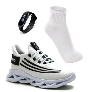 Imagem de Kit Tênis Masculino Esportivo Academia Caminhada Corrida Leve Confortavel com Meia e Relógio (BRANCO, BR, Adulto, Numérico, 39)