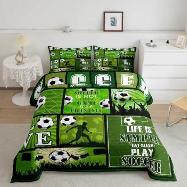 Imagem de Jogo de edredom infantil de futebol esportivo, tamanho Queen, conjunto de edredom com estampa geométrica de bola de desenho animado, campo de futebol verde com 2 fronhas