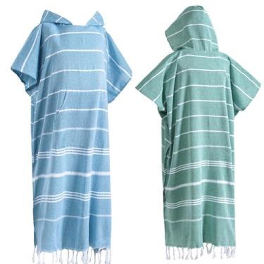 Imagem de 2 peças de algodão turco poncho de surfe trocador de toalha de banho com bolso plus size toalha de praia vestível toalha de praia com capuz para homem adulto mulheres praia piscina (azul e verde,