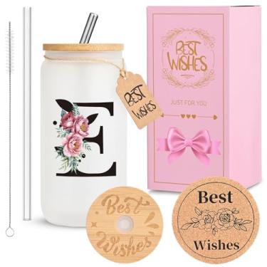 Imagem de Copo de vidro inicial personalizado para mulheres, copo de vidro HWJH de 473 ml com tampas e canudos, conjunto de presente monogramado, copo reutilizável fosco com caixa de presente e porta-copos de