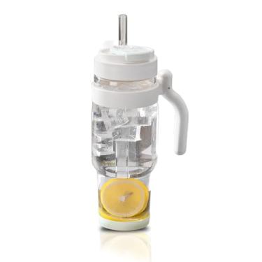 Imagem de Yenergy Copo de vidro de 940 ml com canudo, tampa e alça, copo de café gelado reutilizável, garrafas de água de grande capacidade de 1 litro com tampa de plástico, adequado para suporte de carro, azul