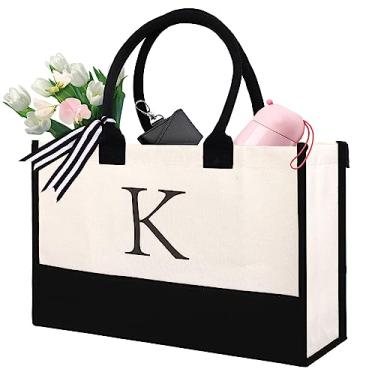 Imagem de Lainlight Sacola de lona com inicial para mulheres, presentes exclusivos, sacos de praia reutilizáveis para viagem, férias, aniversário, chá de panela, presentes com letra K personalizada, K