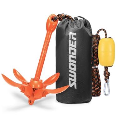 Imagem de Swonder Âncora de caiaque, kit de âncora dobrável de 1,6 kg com corda e bolsa de armazenamento, kit completo de acessórios para caiaque, prancha de remo, jet ski e pequenos barcos (Tangerina de 12 m)