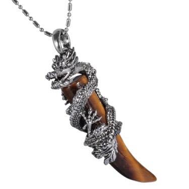 Imagem de Nupuyai Pingente de dente de lobo de dragão para colar unissex de pedra de cristal natural com corrente de aço inoxidável, Pedra olho de tigre, Pedra olho de tigre