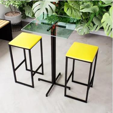 Imagem de Conjunto Mesa Alta Bar Bistrô Quadrada Vidro 2 Bancos Estofado Industrial Black (Amarelo)