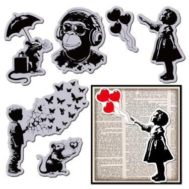 Imagem de GLOBLELAND Carimbo de borracha aderente de macaco com balão Banksy 22 x 17,8 cm, conjunto de carimbos de borracha de borboleta para fazer cartões, decoração de álbum de fotos, decoração faça você