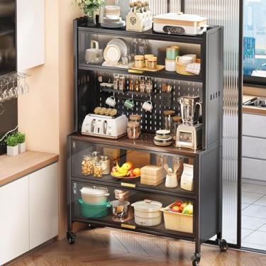 Imagem de MIIKHI Suporte de micro-ondas com armário de armazenamento, mesa de café de 5 camadas, rack de padeiro de cozinha com armário de porta dobrável, rack de micro-ondas com rodízios freáveis (Cor: B